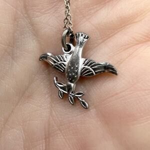 Vtg Signed THEDA STERLING Pendant Necklace Dainty Silver Dove Bird Olive Peace